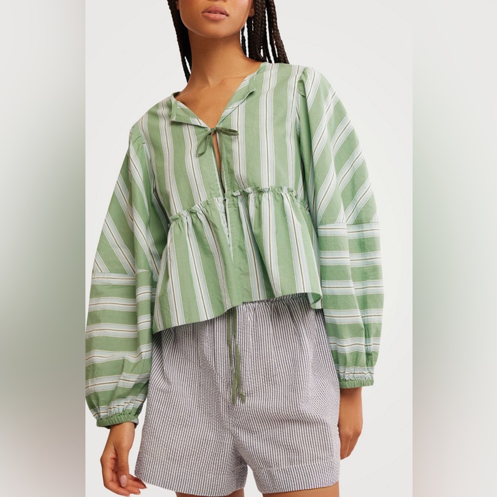 Free People Striped Brunch Babe Top, White Spruce Combo, Medium, NWT - Picture 2 of 15